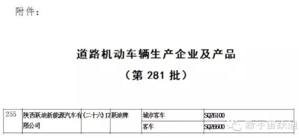 热烈祝贺跃迪集团旗下陕西跃迪公司SQZ6600KA、SQZ6100NG车型正式列入工信部产品公告目录（第281批）